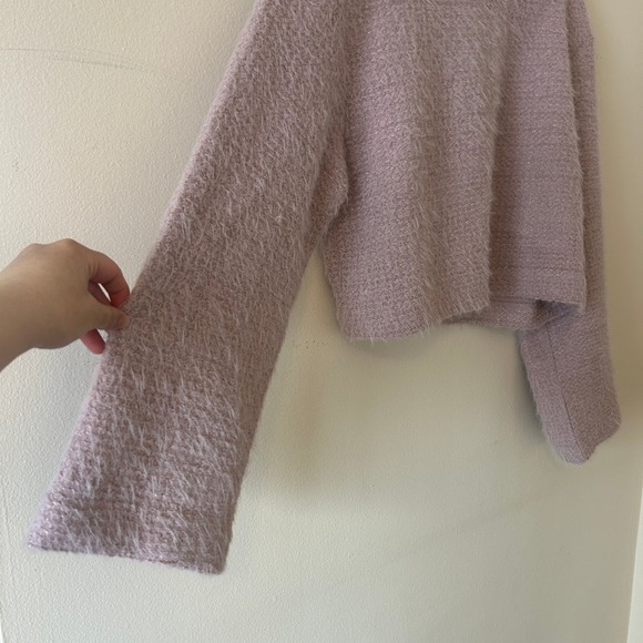 Zara Lilac Fuzzy Metallic Shimmer Cropped Sweater Jumper bell Sleeve Large - Picture 2 of 9